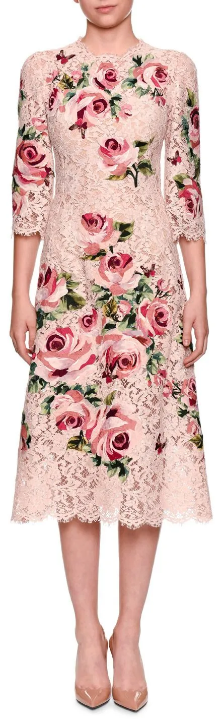 3/4-Sleeve Rose Embroidery Lace Cocktail Dress