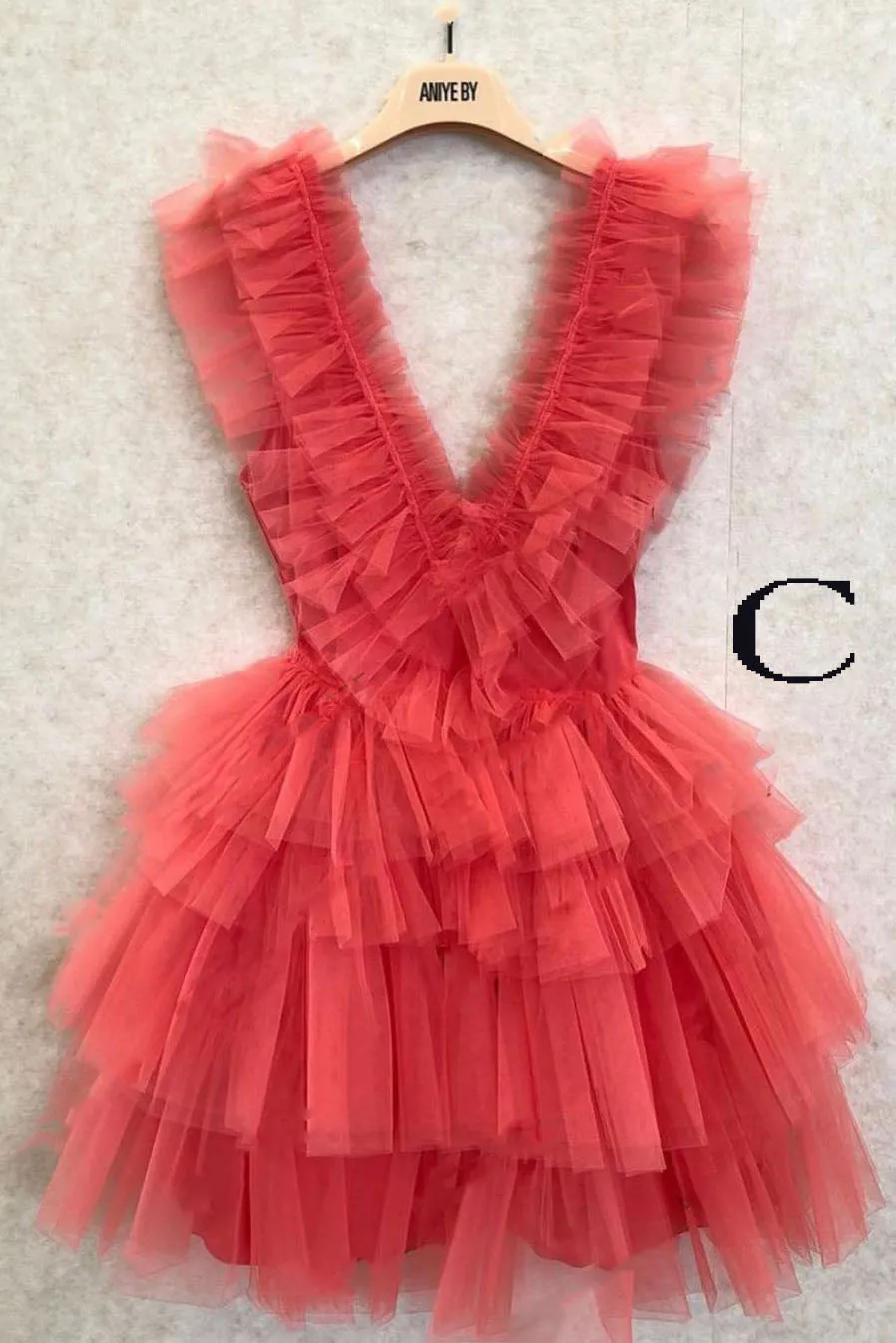 A Line Pink V Neck Tiered Homecoming Dress,Tulle Short Prom Party Dresses