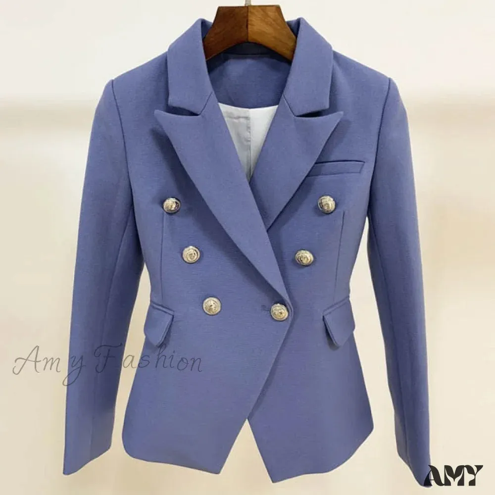 Amy Fashion - Lion Buttons Double Breasted Pique Blazer