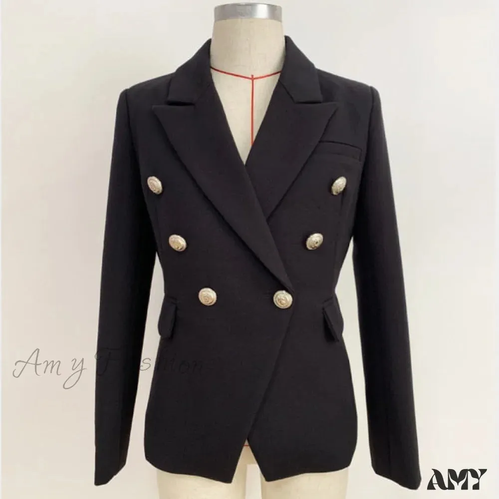 Amy Fashion - Lion Buttons Double Breasted Pique Blazer