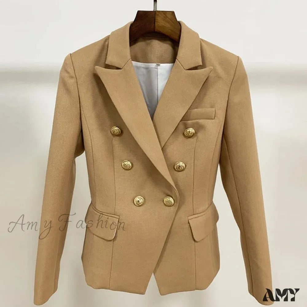 Amy Fashion - Lion Buttons Double Breasted Pique Blazer