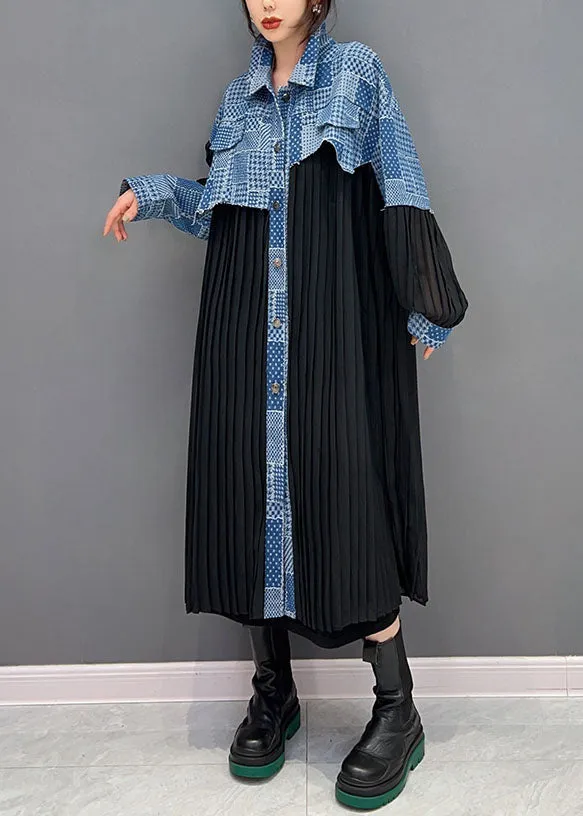 Art Black Peter Pan Collar Denim Fabric Patchwork Silk Dresses