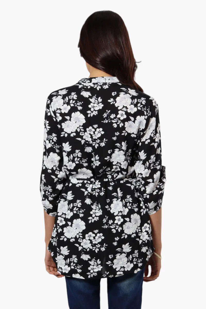 Beechers Brook Floral Belted Roll Up Sleeve Blouse - Black