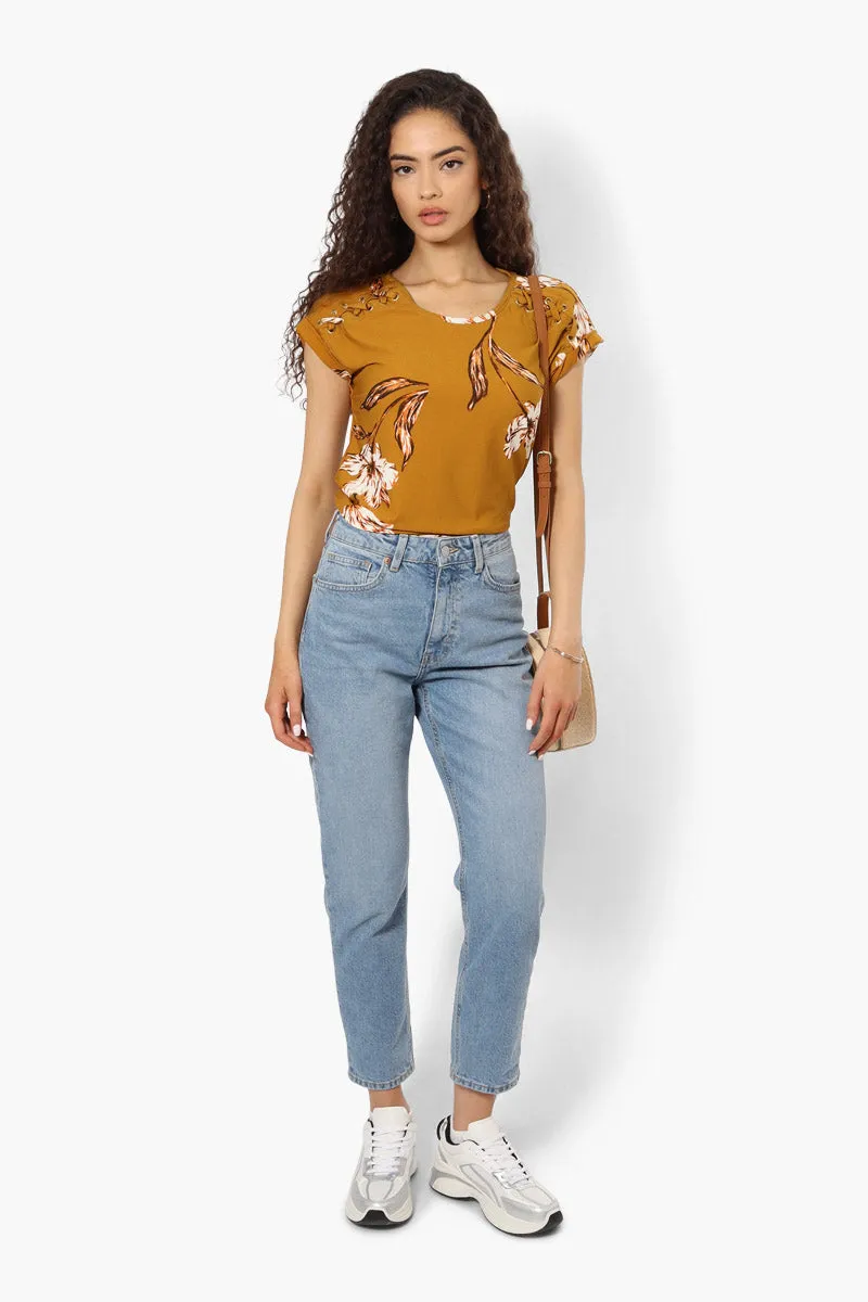 Beechers Brook Floral Pattern Short Sleeve Blouse - Mustard