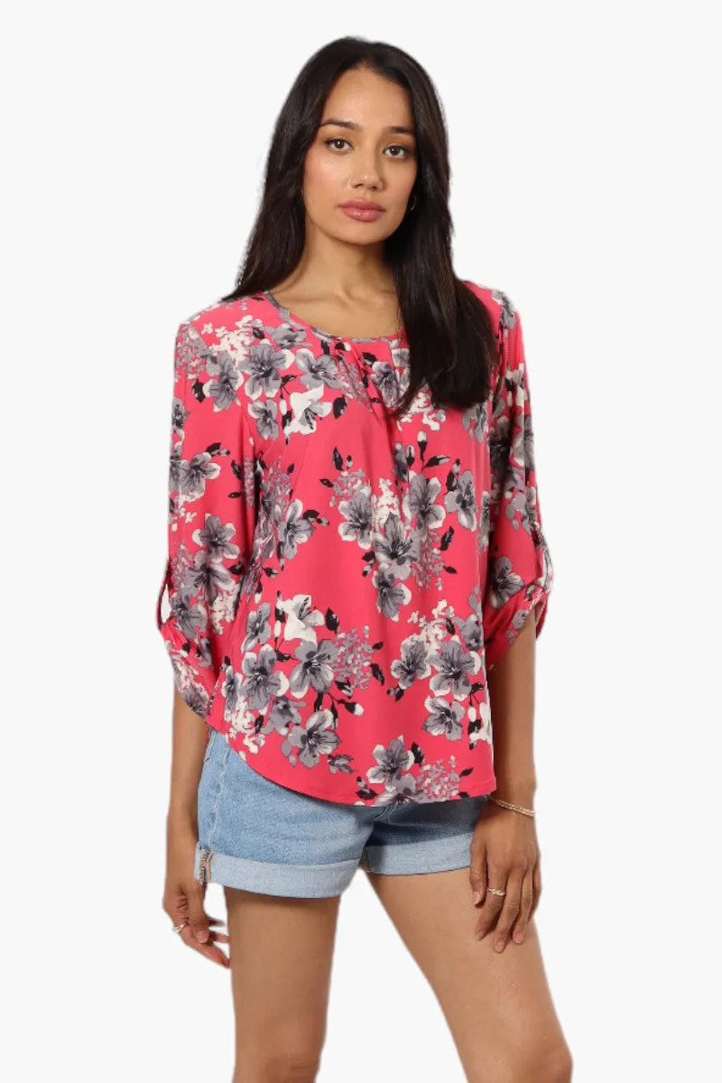 Beechers Brook Floral Roll Up Sleeve Necklace Blouse - Pink