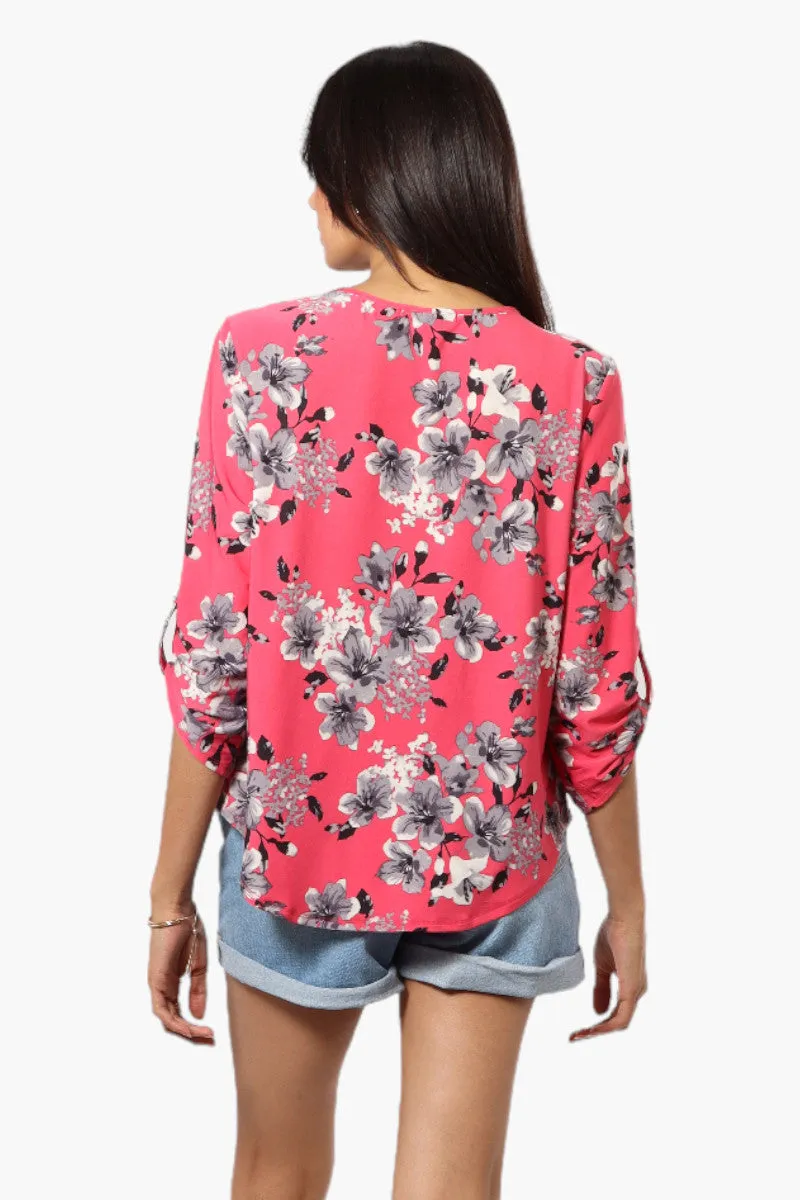 Beechers Brook Floral Roll Up Sleeve Necklace Blouse - Pink