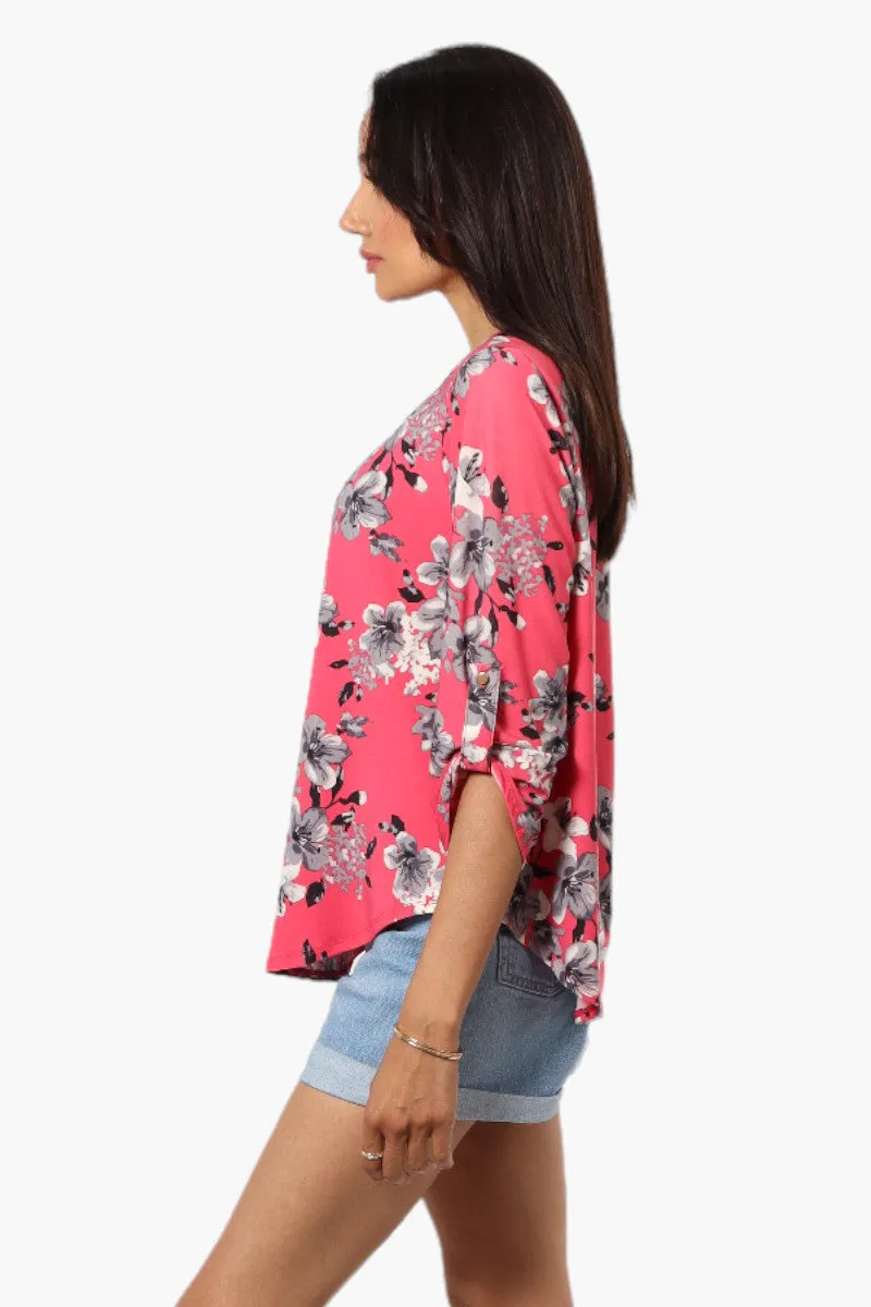 Beechers Brook Floral Roll Up Sleeve Necklace Blouse - Pink