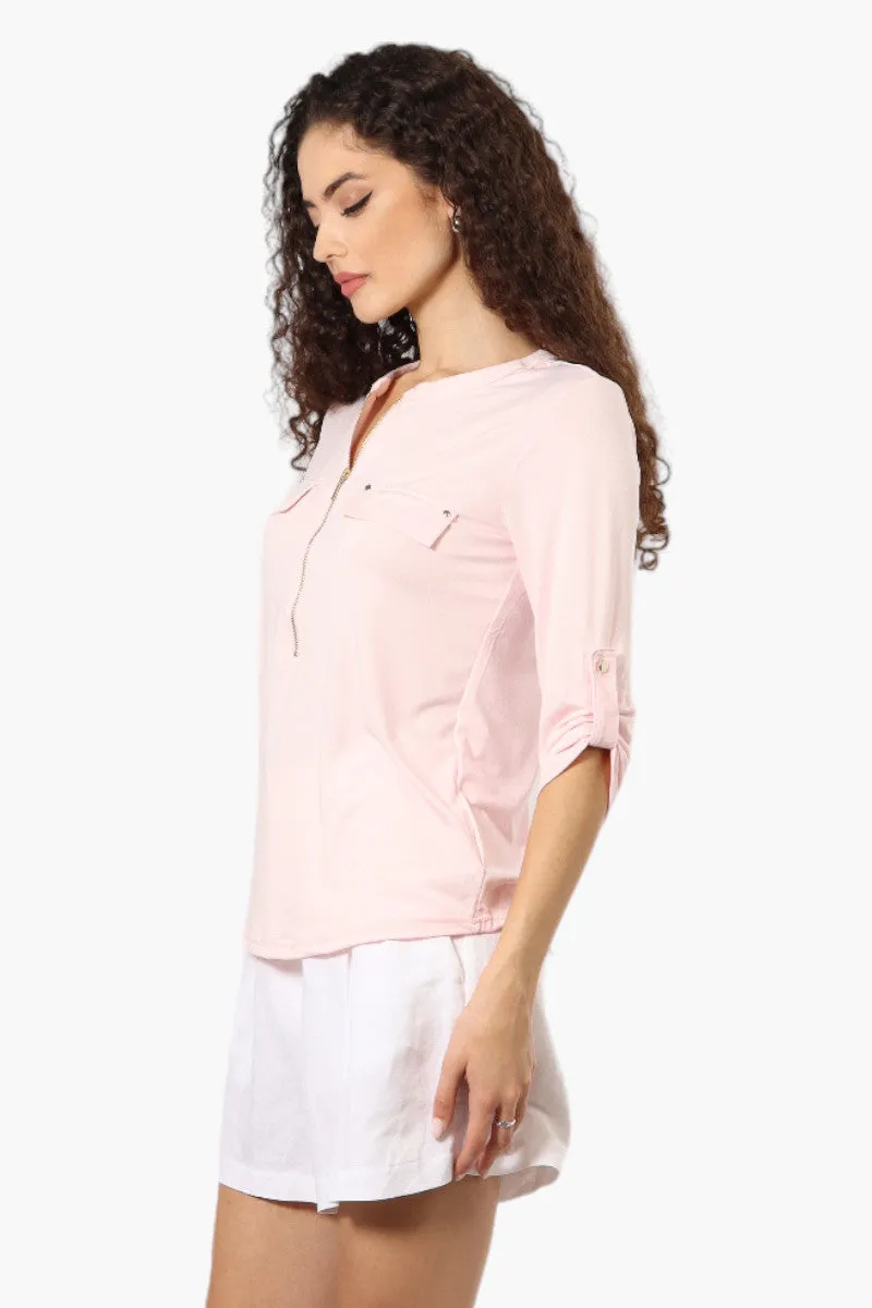 Beechers Brook Solid Half Zip Roll Up Sleeve Shirt - Pink