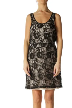 Beige Black Lace Holiday A-Line Dress