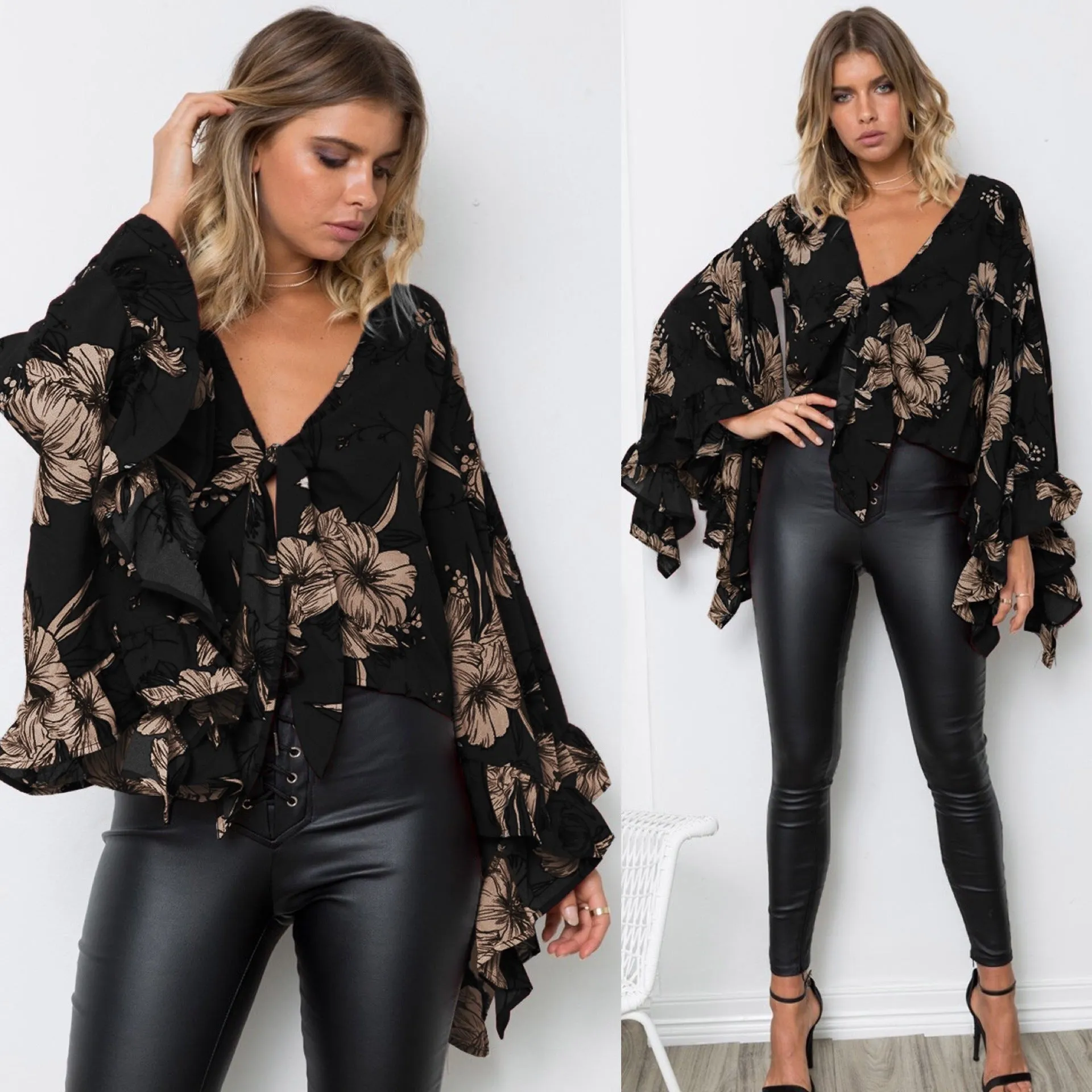 Big Ruffle V-neck Loose Flower Print Long Trumpt Sleeves Blouse