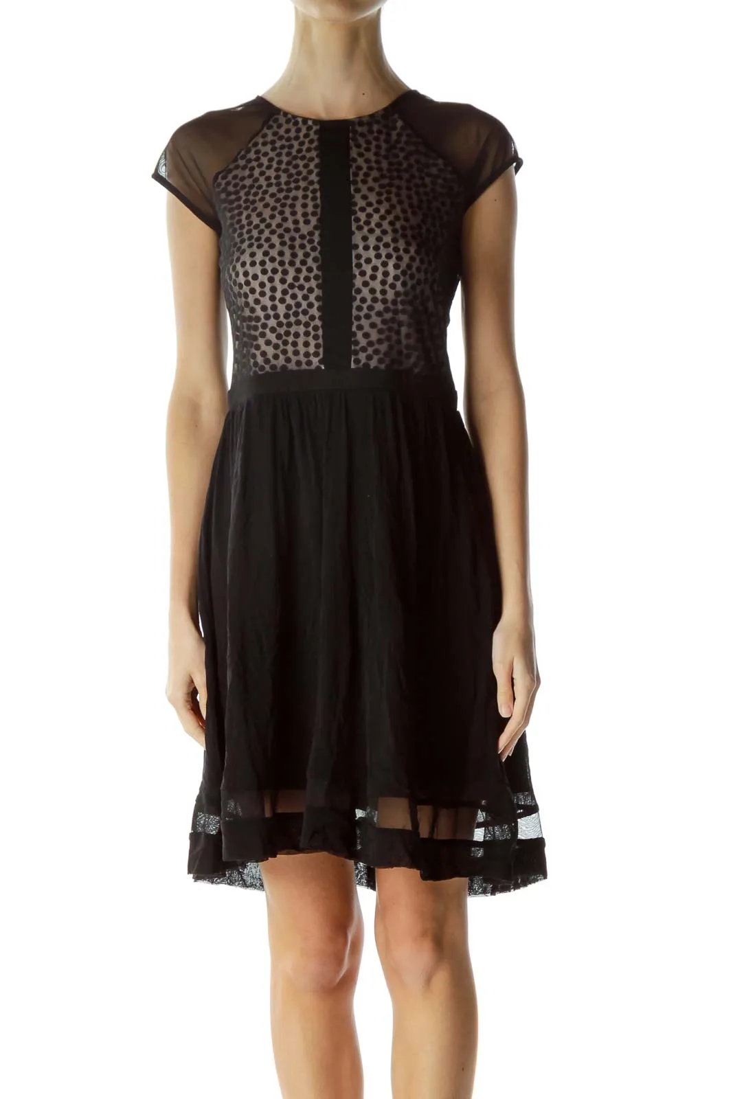 Black Beige Sheer Polka Dot Cocktail Dress