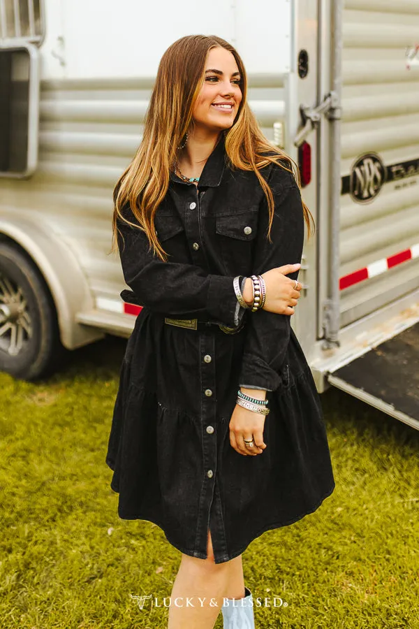 Black Denim Button Down Long Sleeve layered Dress at Bourbon Cowgirl