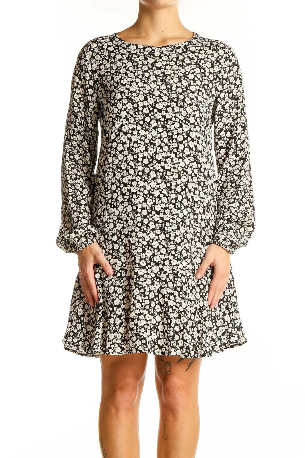 Black Floral Print Rayon Mini Dress