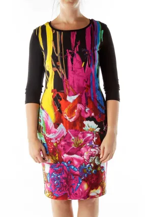 Black Multicolor Print Day Dress