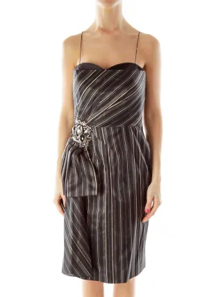 Black Pinstripe Beaded Cocktail Dress