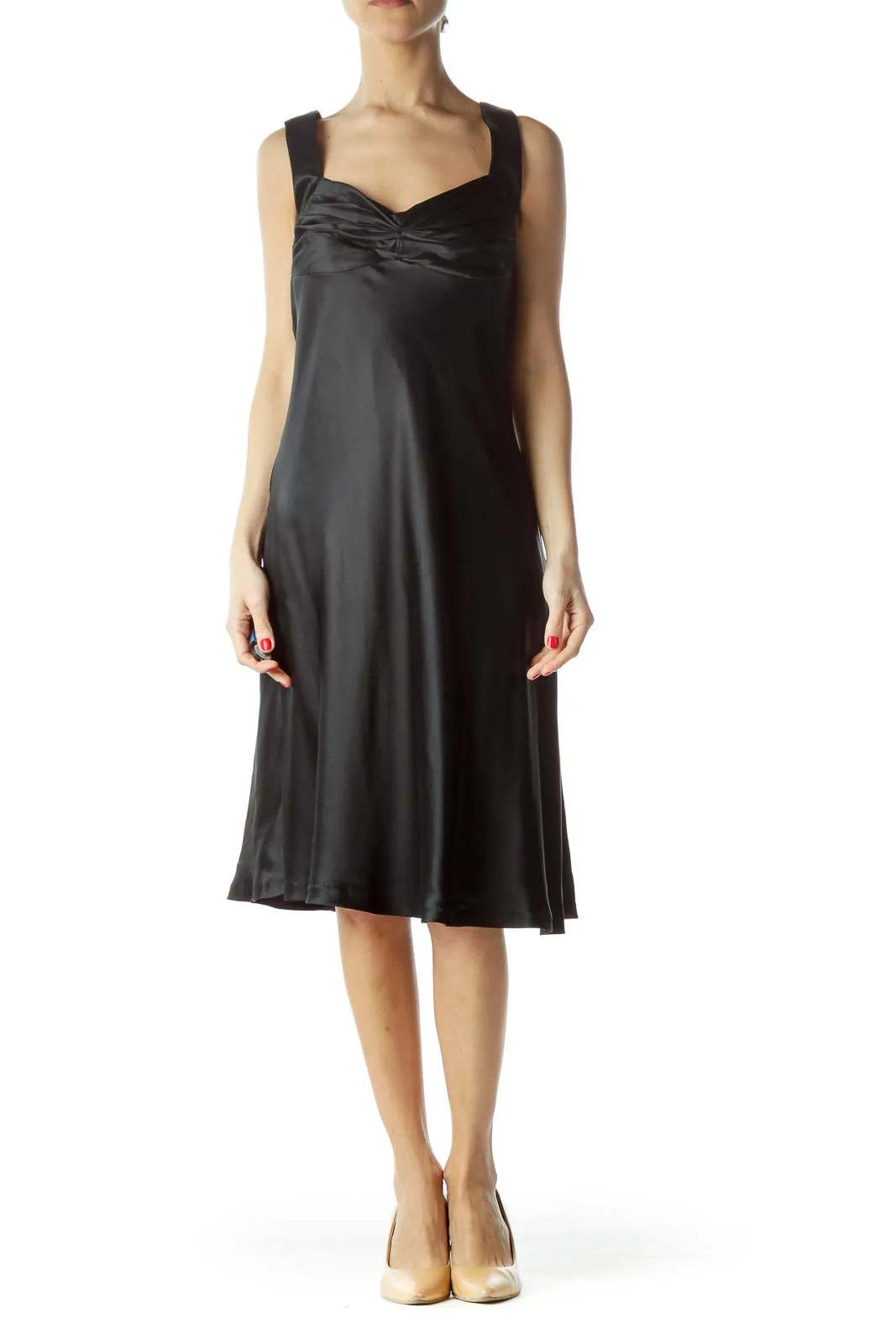 Black Shiny Sweetheart Neckline Flared Dress