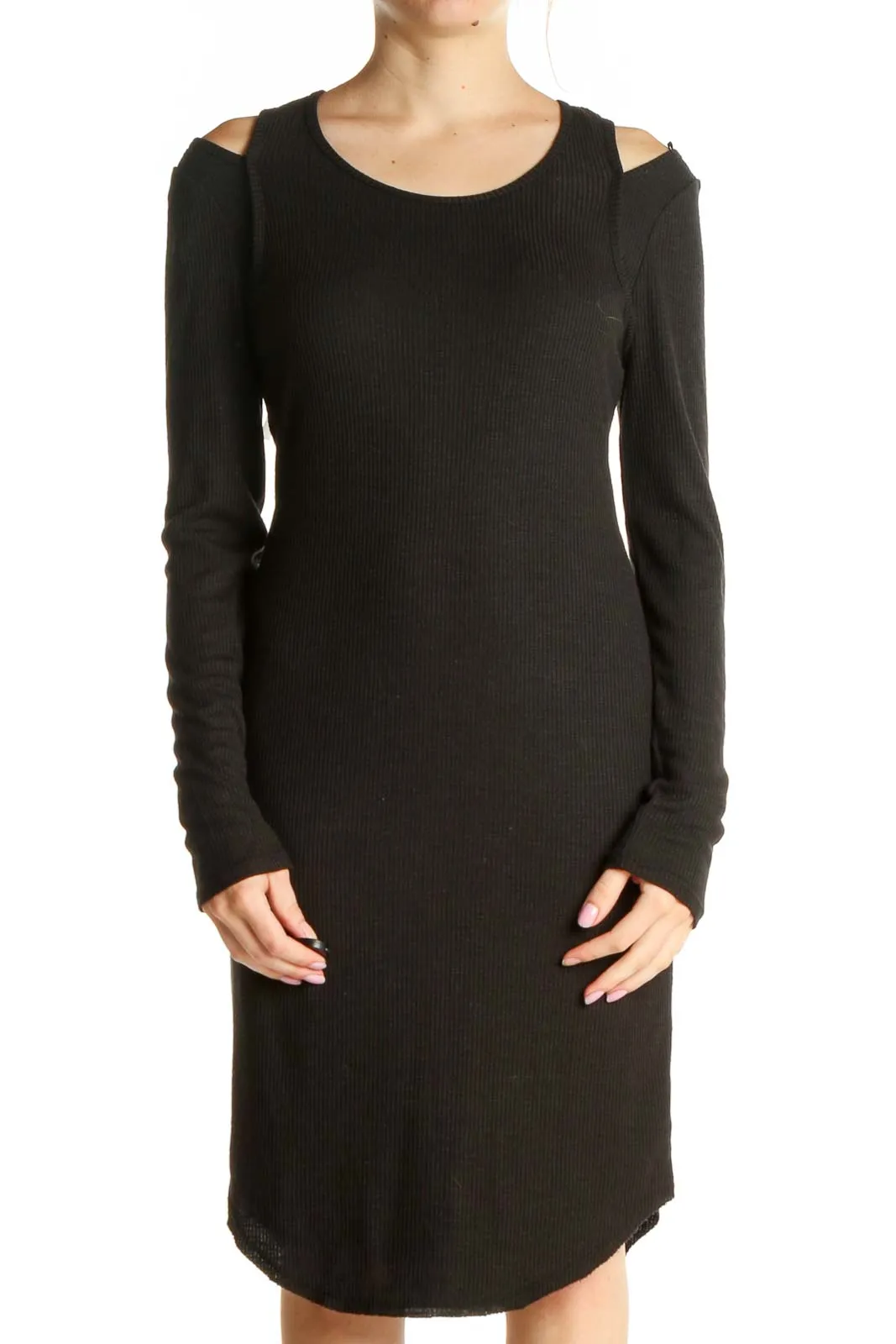 Black Solid Exposed Shoulder Ribbed Sheath Dress