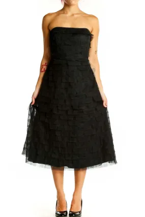 Black Strapless Tiered Tulle Midi Dress