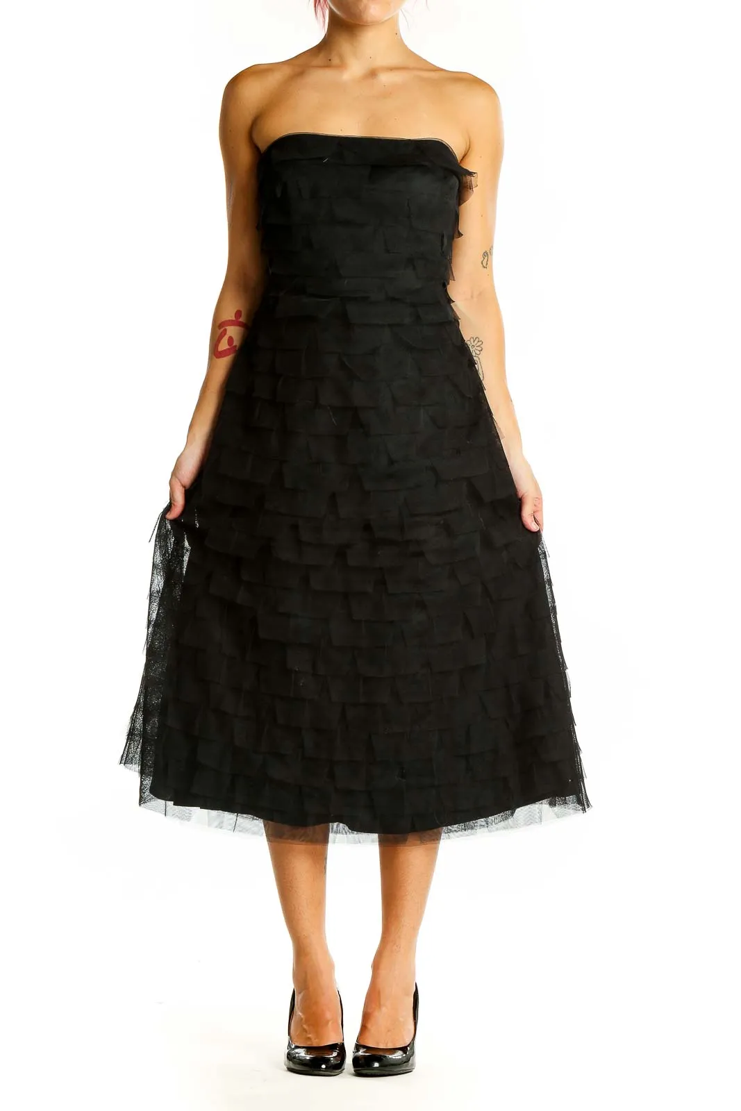 Black Strapless Tiered Tulle Midi Dress