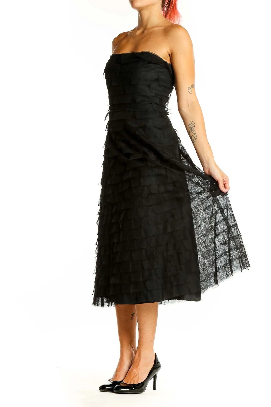 Black Strapless Tiered Tulle Midi Dress