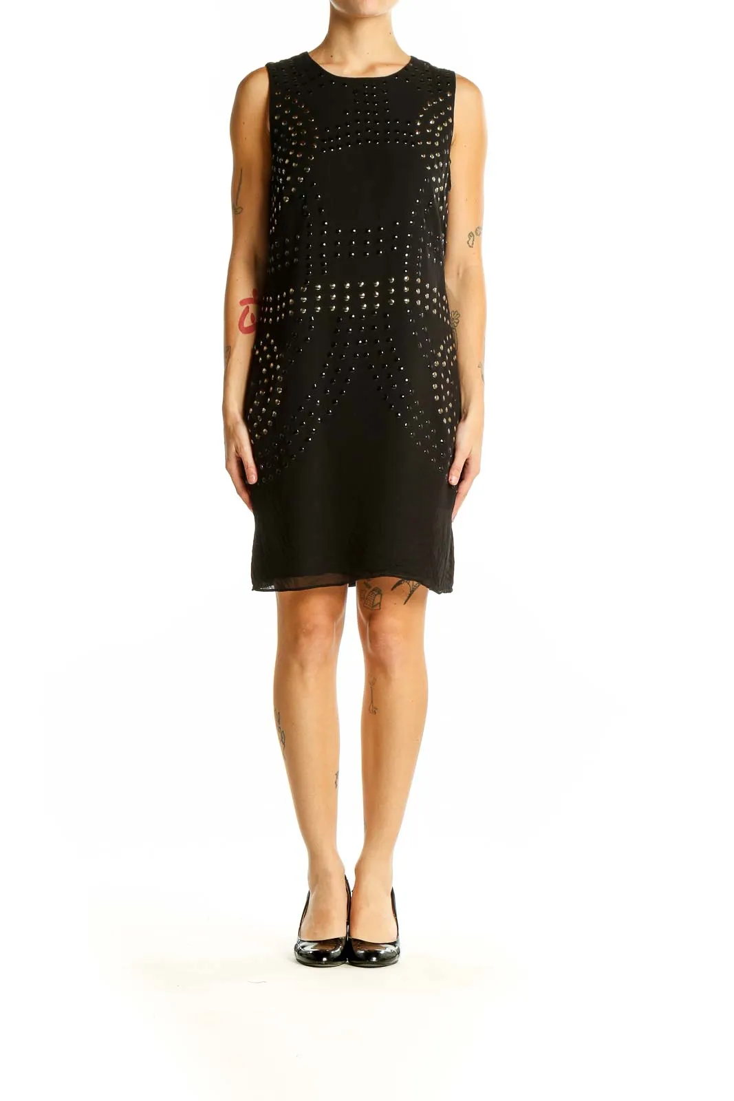 Black Studded Silk Sleeveless Dress