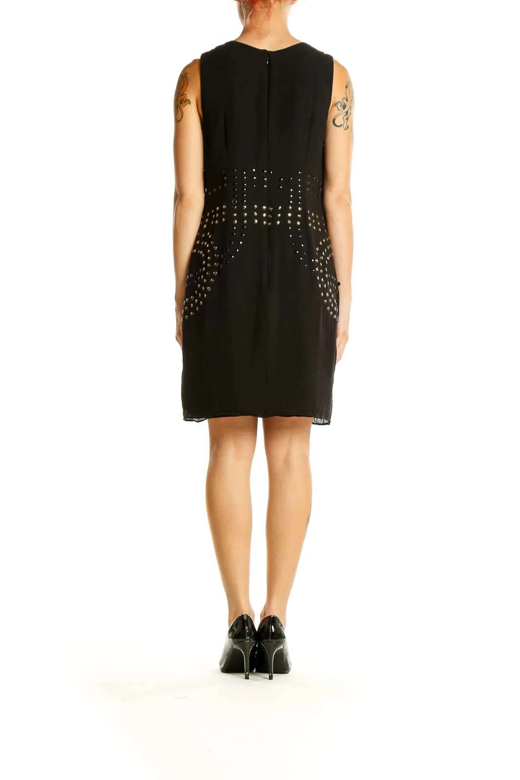 Black Studded Silk Sleeveless Dress