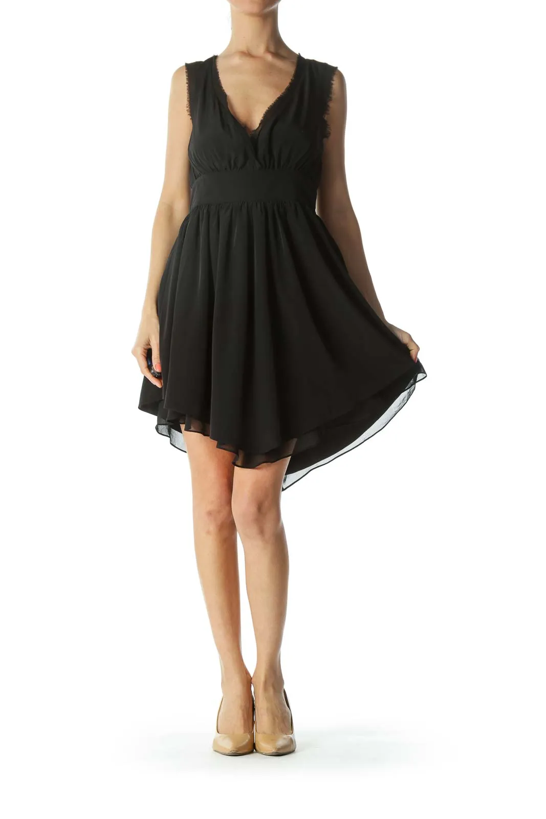 Black V-Neck Raw-Hem Cinched-Waist Flared Cocktail Dress