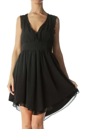 Black V-Neck Raw-Hem Cinched-Waist Flared Cocktail Dress