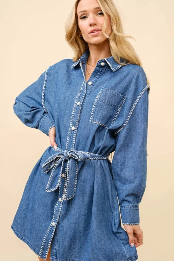 Blanket Stitch Button Up Denim Shirt Dress