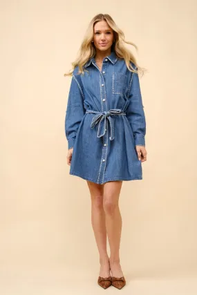 Blanket Stitch Button Up Denim Shirt Dress