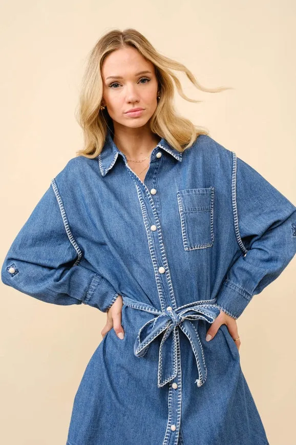 Blanket Stitch Button Up Denim Shirt Dress