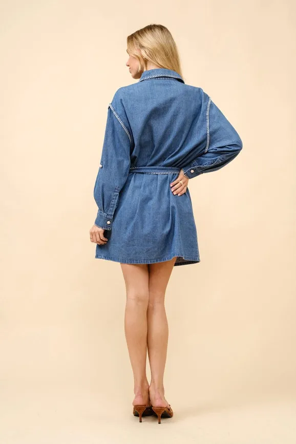 Blanket Stitch Button Up Denim Shirt Dress