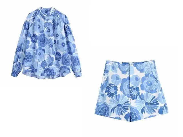 Blue Floral Print Shorts