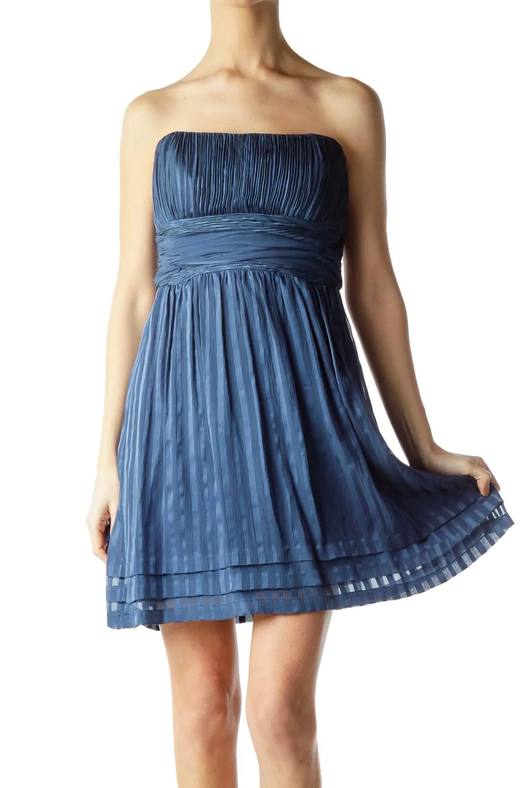 Blue Silk Pleated Strapless Cocktail Dress