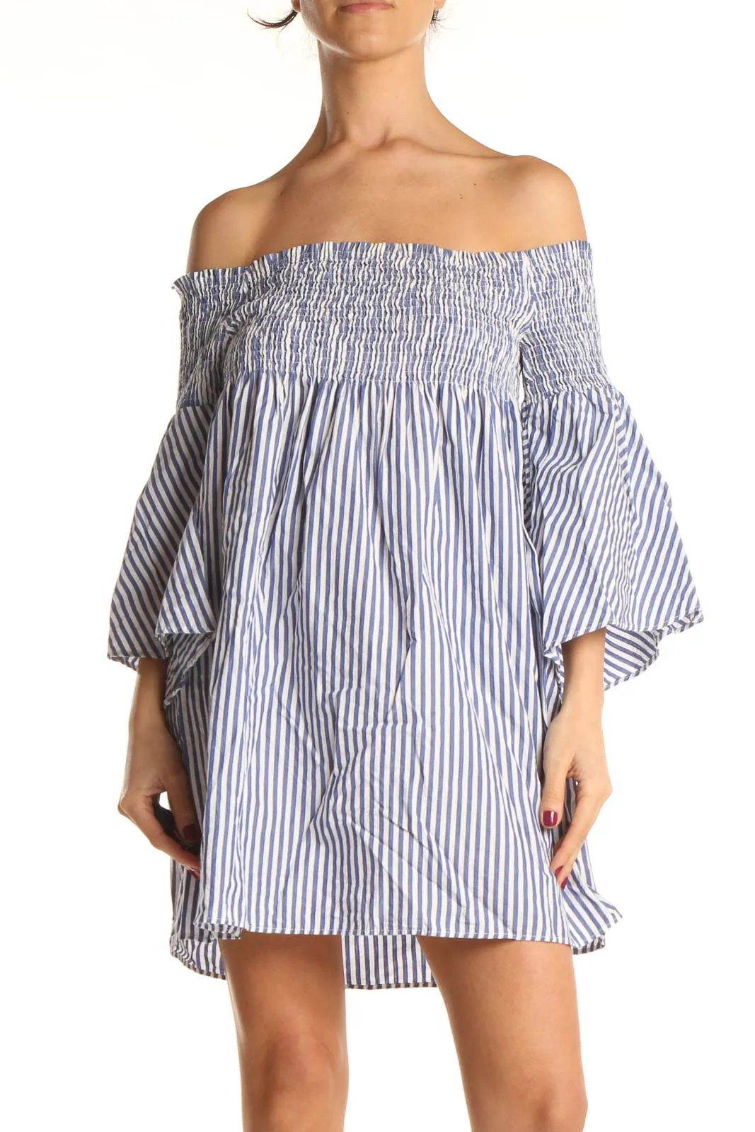 Blue Striped Off The Shoulder Dress