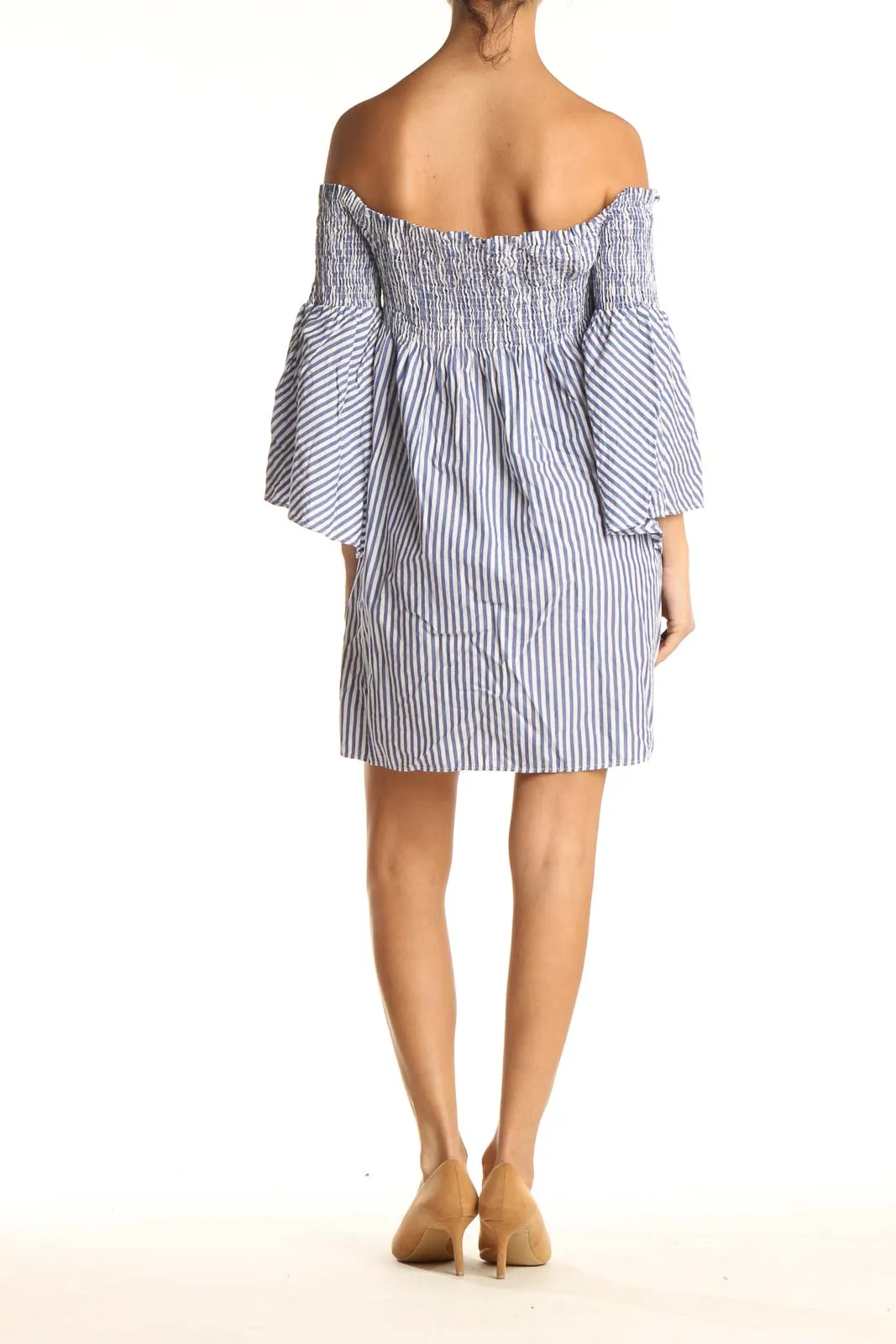 Blue Striped Off The Shoulder Dress