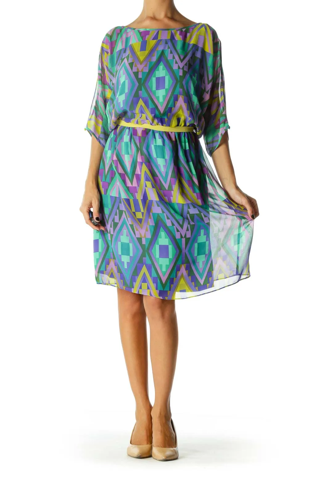 Blue Yellow Purple Geometric Print Cold Shoulder Dress