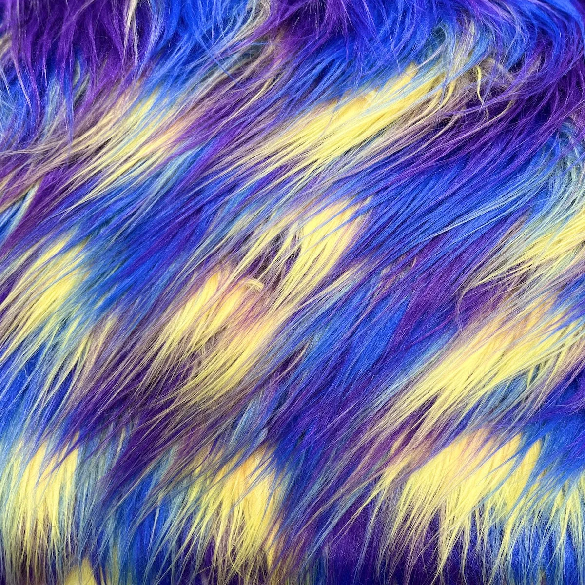 Blue Yellow Purple Three Tone Shaggy Faux Fur Fabric