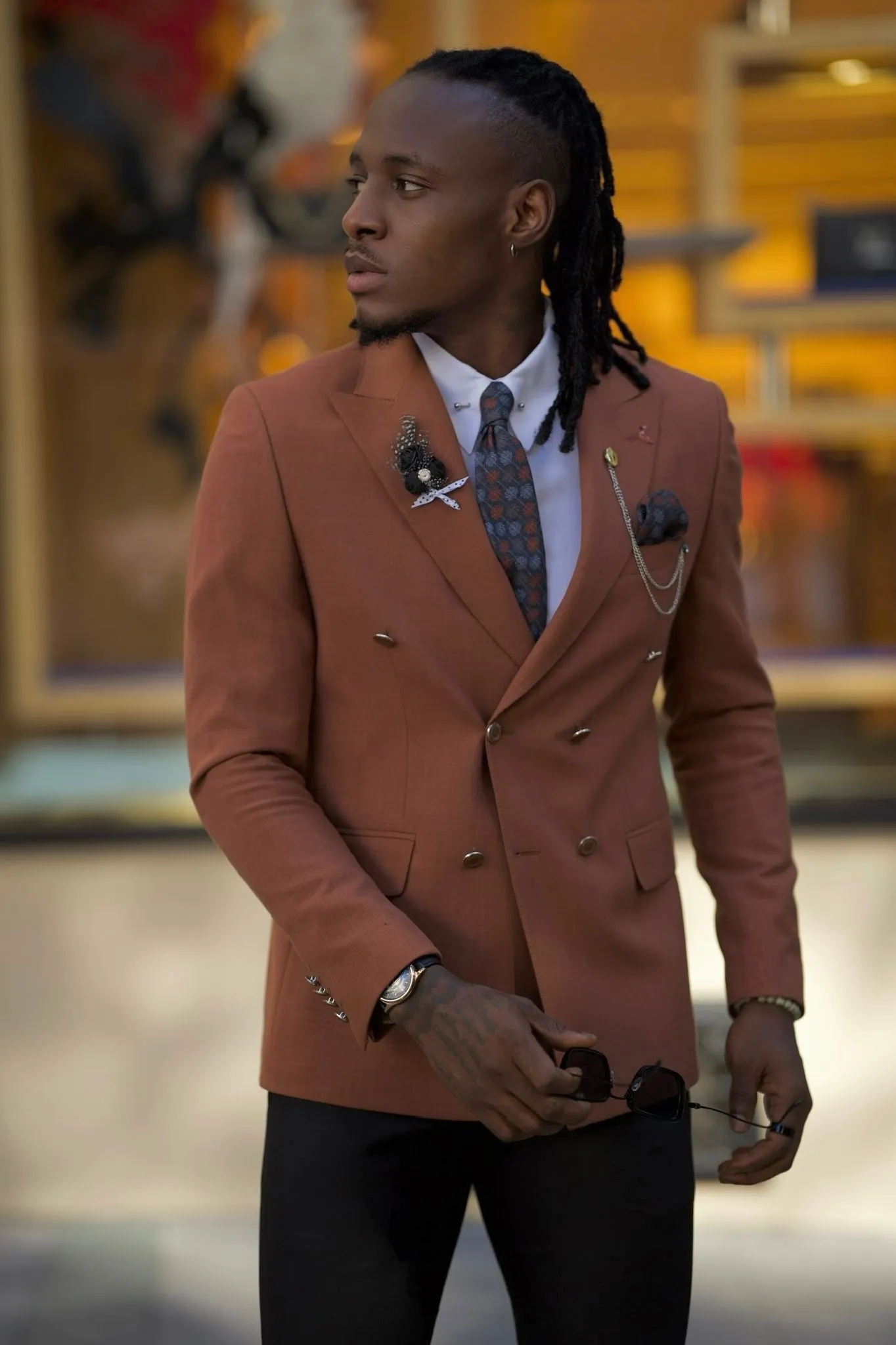 Bojoni Amato di Shagori Stepani Slim Fit Double Breasted Camel Detailed Blazer