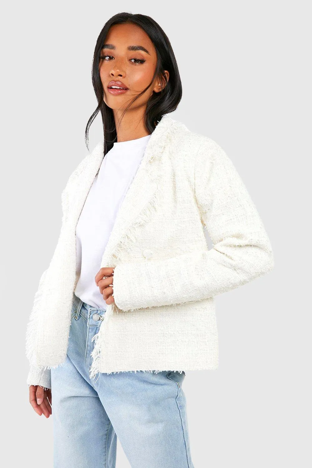 Boohoo Small Double Breasted Jacket, Ivory