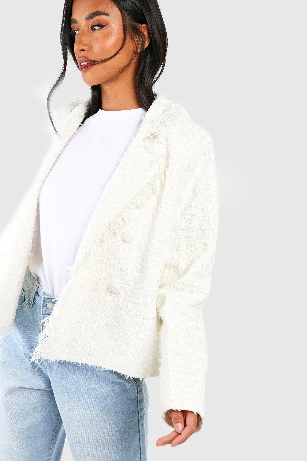 Boohoo Small Double Breasted Jacket, Ivory