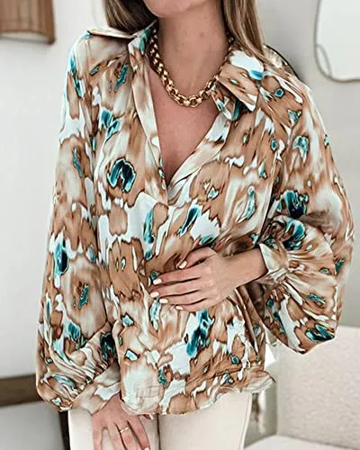 BTFBM Women's Casual Boho Blouse Tops Abstract Print V Neck Loose Lantern Long Sleeve 2023 Summer Fall Blouses Shirts