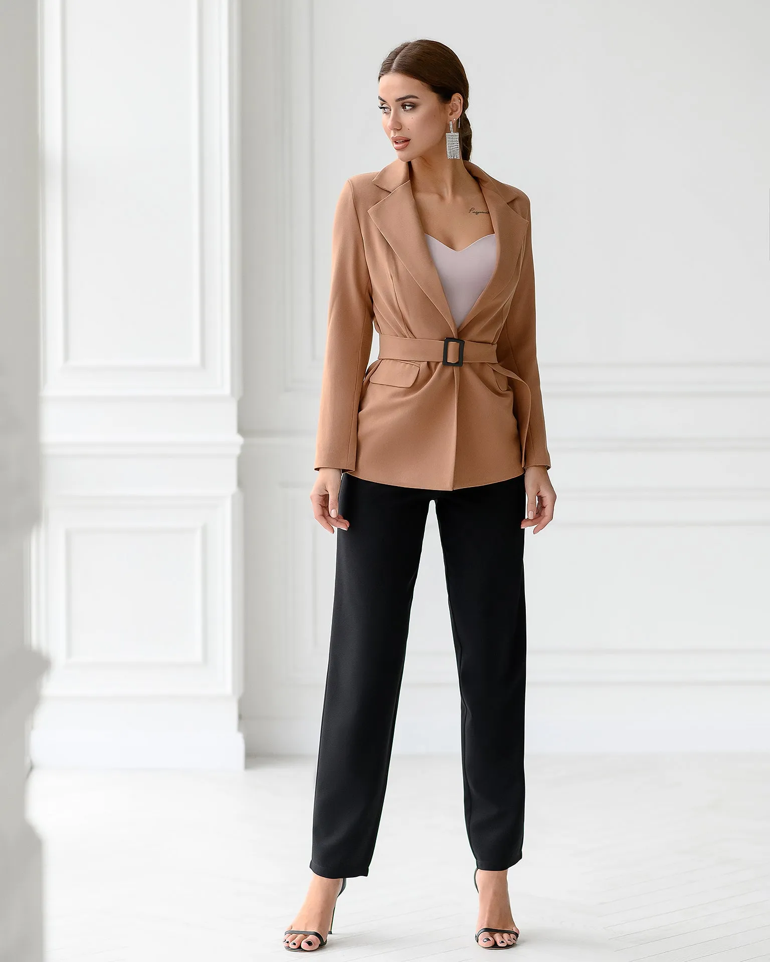 Camel Belted Slim-Fit Blazer