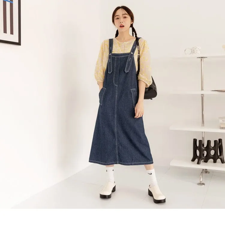 COTTON WASHED SPAGHETTI STRAP DENIM DRESS