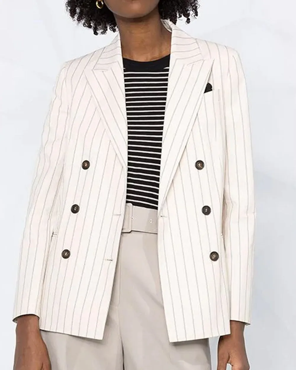 Cream and Black Striped Double Breasted Blazer