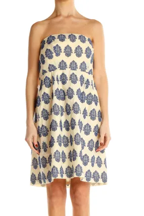 Cream and Navy Paisley Strapless Dress