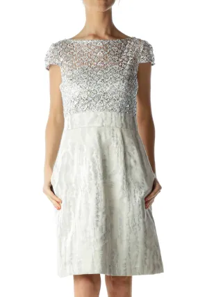 Cream Silver Sequined Metallic Cocktail Dress