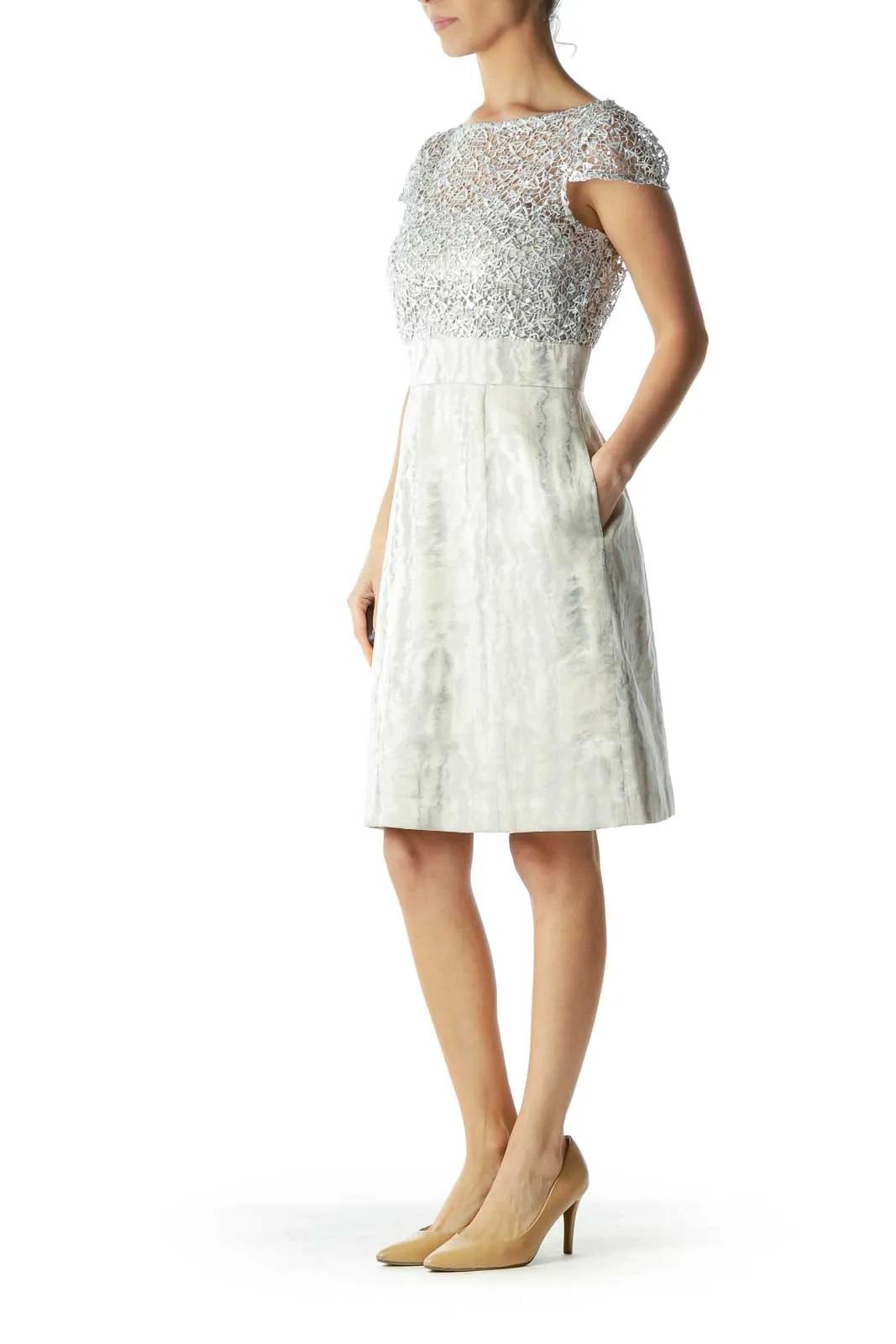 Cream Silver Sequined Metallic Cocktail Dress