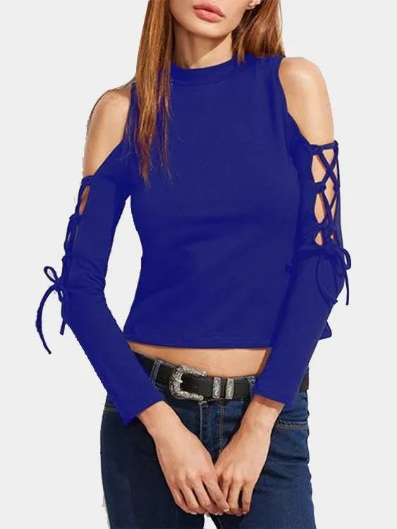 Custom Chimney Collar Cold Shoulder Lace-Up Cut Out Long Sleeve Blue T-Shirts