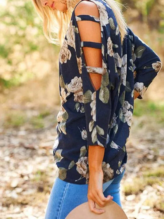 Custom Cold Shoulder Floral Print Lace-Up 3/4 Sleeve Top